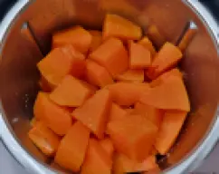 Step <p>- Ponga el cubrecuchillas en las cuchillas y añada, la calabaza en trozos, el agua y la sal</p> illustration